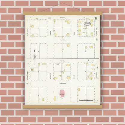 Old map wall art mockup — magnetic wood frame on brick wall — Sanborn Fire Insurance Map from Vernon, Wilbarger County, Texas (1907), Sheet #0008