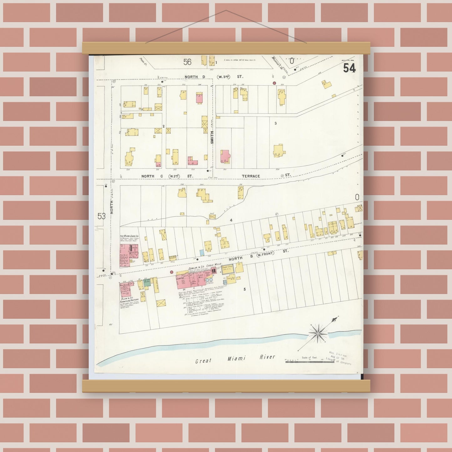 Old map wall art mockup — magnetic wood frame on brick wall — Sanborn Fire Insurance Map from Hamilton, Butler County, Ohio (1899), Sheet #0054