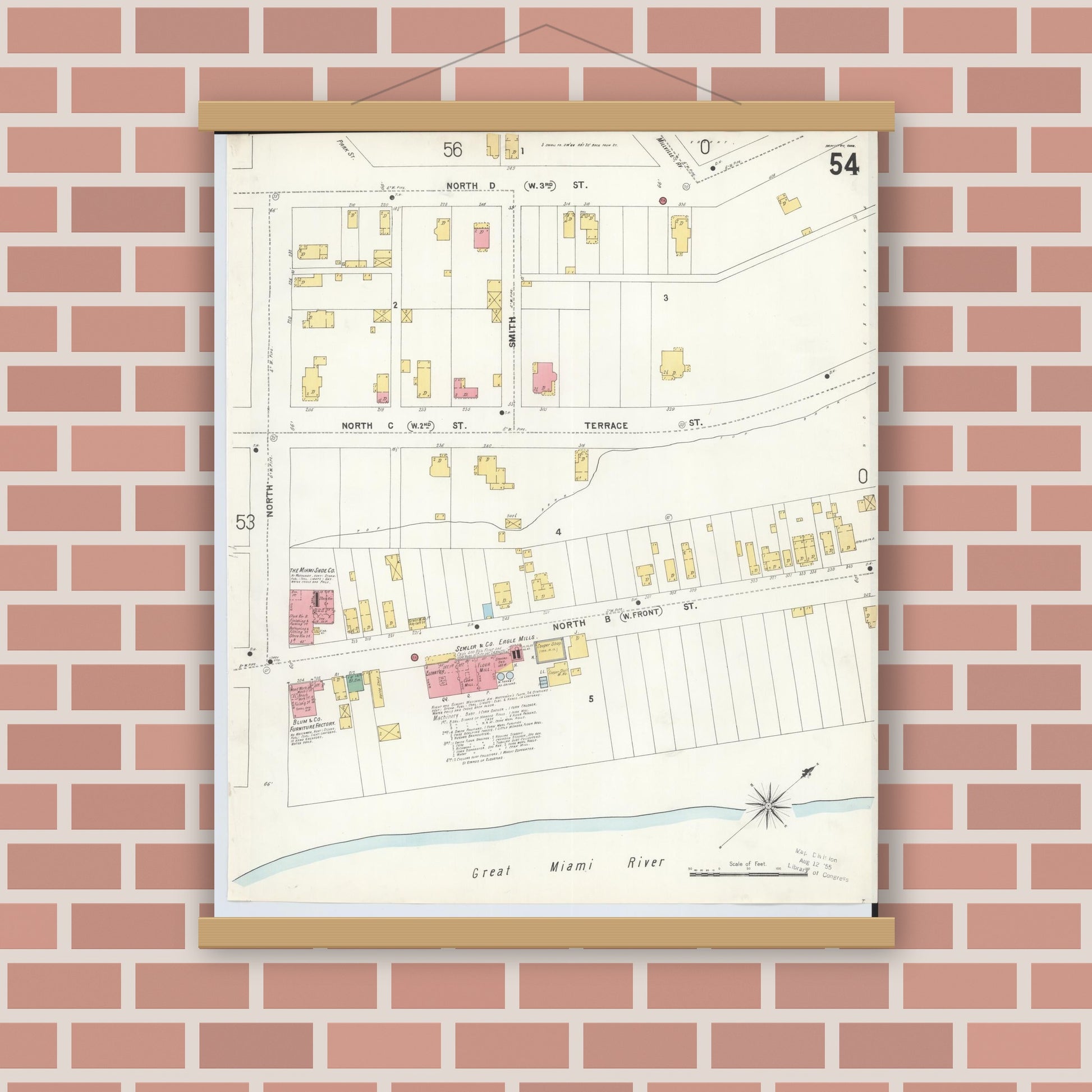 Old map wall art mockup — magnetic wood frame on brick wall — Sanborn Fire Insurance Map from Hamilton, Butler County, Ohio (1899), Sheet #0054