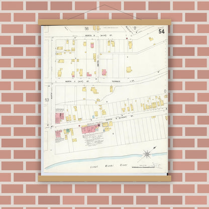 Old map wall art mockup — magnetic wood frame on brick wall — Sanborn Fire Insurance Map from Hamilton, Butler County, Ohio (1899), Sheet #0054