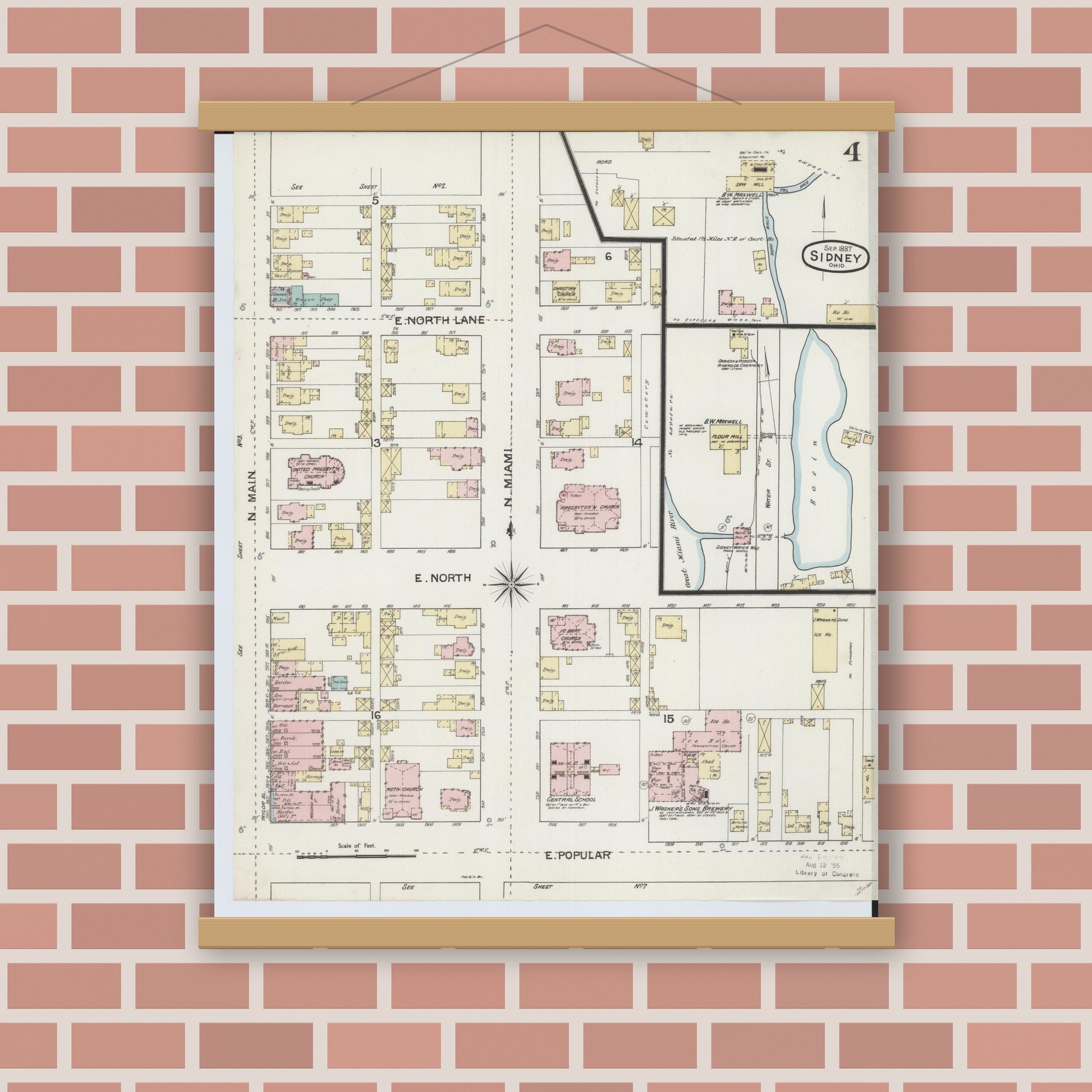 Old map wall art mockup — magnetic wood frame on brick wall — Sanborn Fire Insurance Map from Sidney, Shelby County, Ohio (1887), Sheet #0004