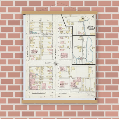 Old map wall art mockup — magnetic wood frame on brick wall — Sanborn Fire Insurance Map from Sidney, Shelby County, Ohio (1887), Sheet #0004