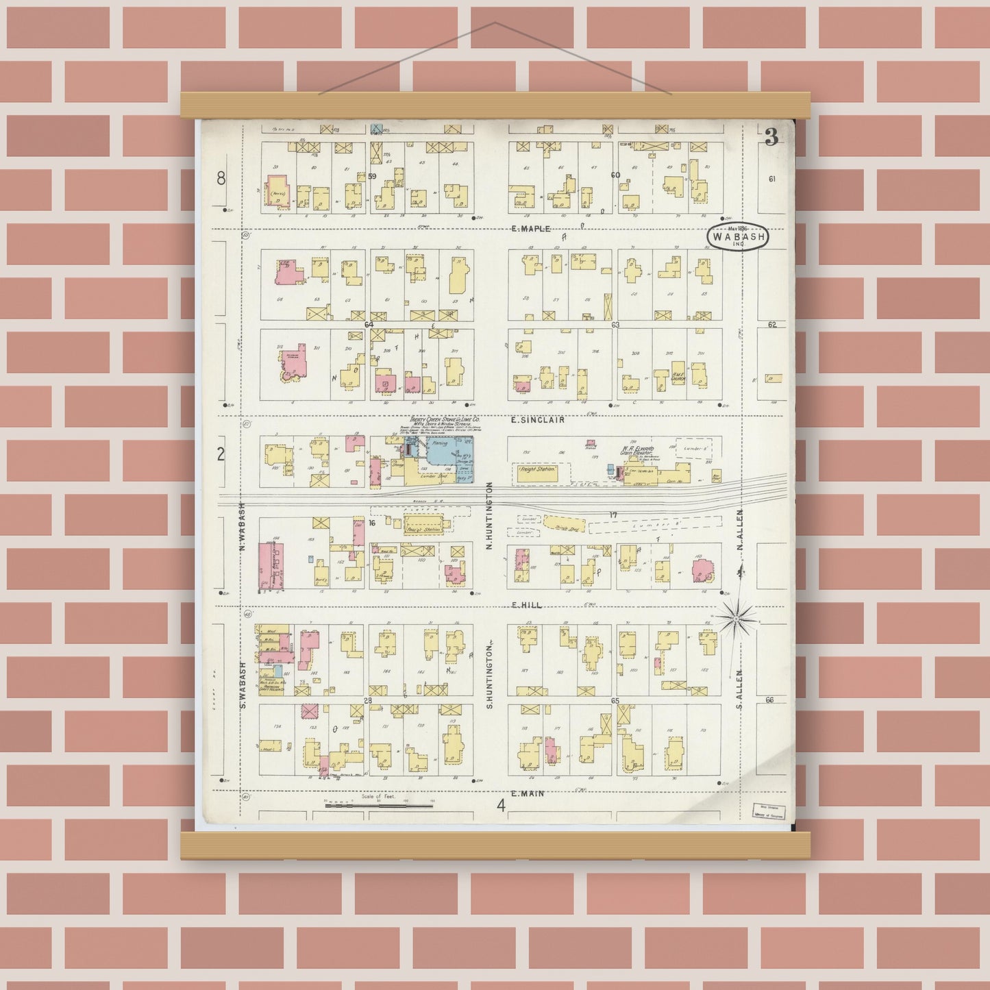 Old map wall art mockup — magnetic wood frame on brick wall — Sanborn Fire Insurance Map from Wabash, Wabash County, Indiana (1896), Sheet #0003