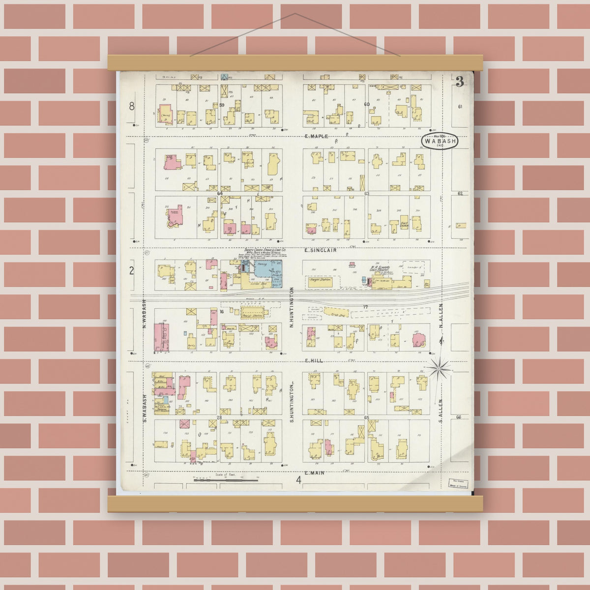 Old map wall art mockup — magnetic wood frame on brick wall — Sanborn Fire Insurance Map from Wabash, Wabash County, Indiana (1896), Sheet #0003