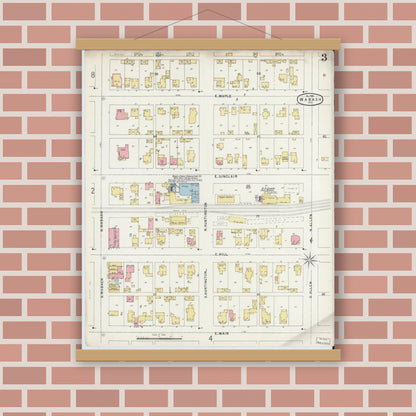 Old map wall art mockup — magnetic wood frame on brick wall — Sanborn Fire Insurance Map from Wabash, Wabash County, Indiana (1896), Sheet #0003