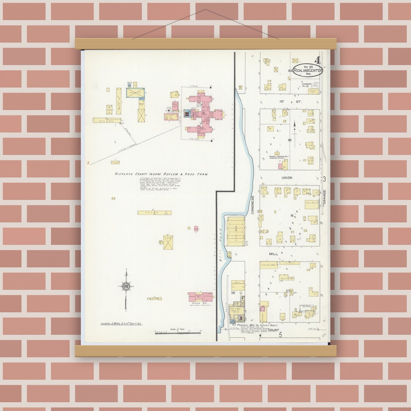 Old map wall art mockup — magnetic wood frame on brick wall — Sanborn Fire Insurance Map from Richland Center, Richland County, Wisconsin (1912), Sheet #0004