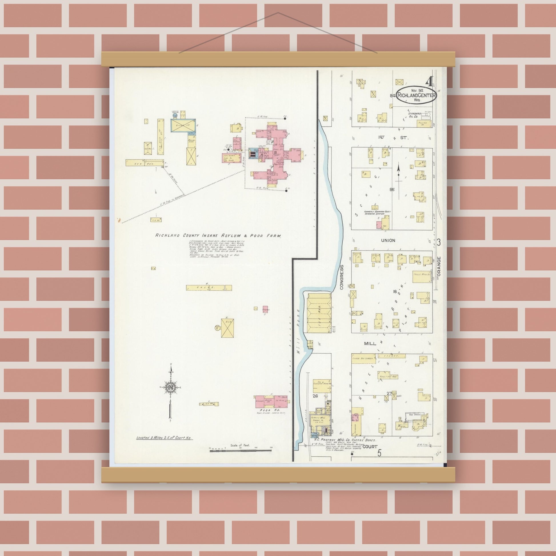 Old map wall art mockup — magnetic wood frame on brick wall — Sanborn Fire Insurance Map from Richland Center, Richland County, Wisconsin (1912), Sheet #0004