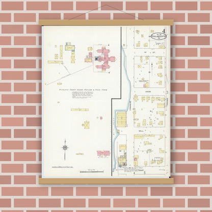 Old map wall art mockup — magnetic wood frame on brick wall — Sanborn Fire Insurance Map from Richland Center, Richland County, Wisconsin (1912), Sheet #0004