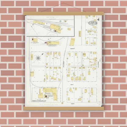 Old map wall art mockup — magnetic wood frame on brick wall — Sanborn Fire Insurance Map from Shawneetown, Gallatin County, Illinois (1906), Sheet #0004