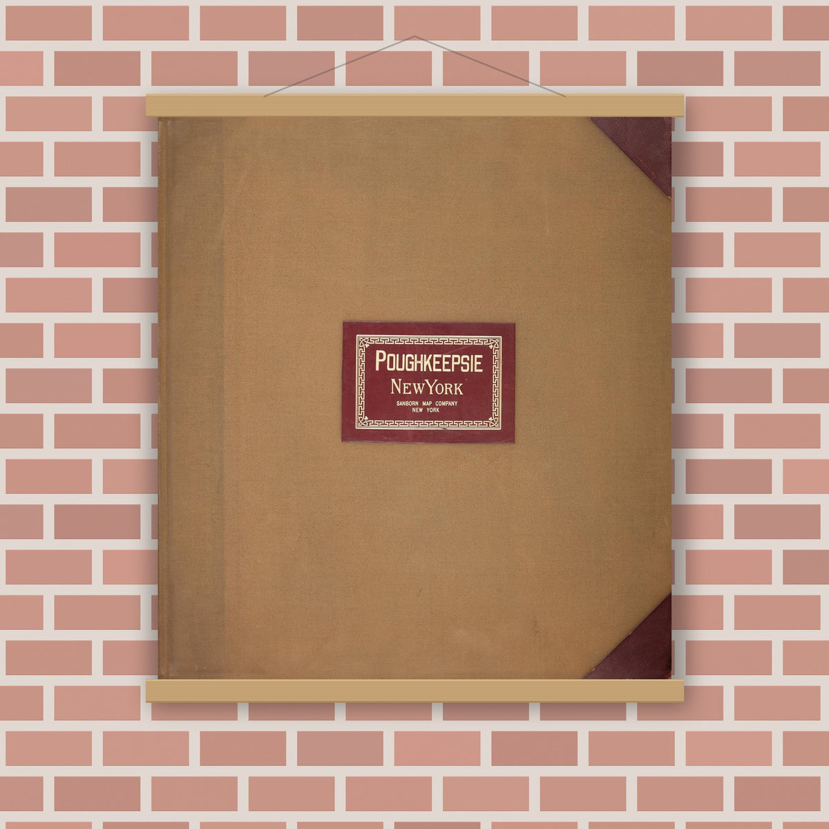 Old map wall art mockup — magnetic wood frame on brick wall — Sanborn Fire Insurance Map from Poughkeepsie, Dutchess County, New York (1950), Sheet #0001