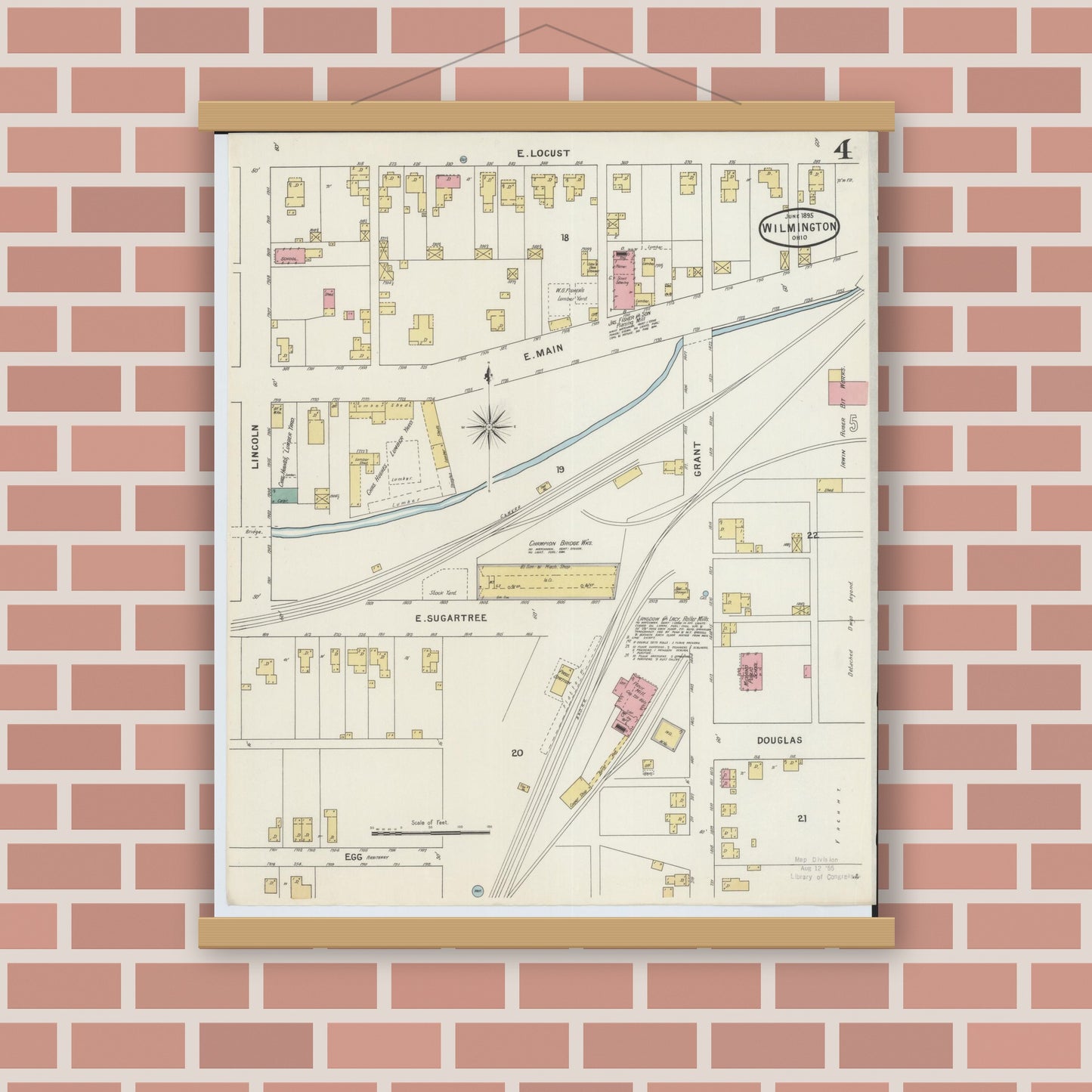 Old map wall art mockup — magnetic wood frame on brick wall — Sanborn Fire Insurance Map from Wilmington, Clinton County, Ohio (1895), Sheet #0004