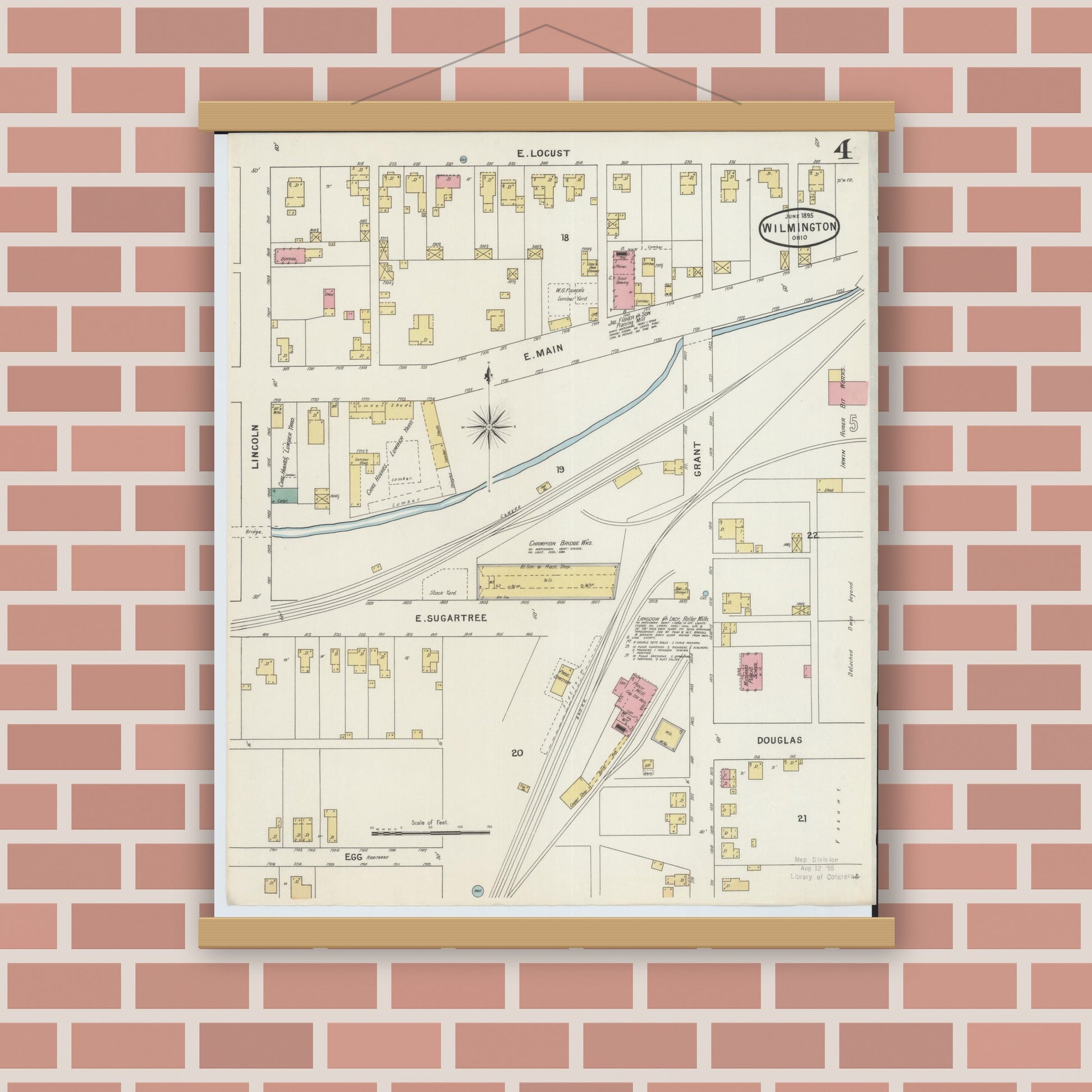 Old map wall art mockup — magnetic wood frame on brick wall — Sanborn Fire Insurance Map from Wilmington, Clinton County, Ohio (1895), Sheet #0004
