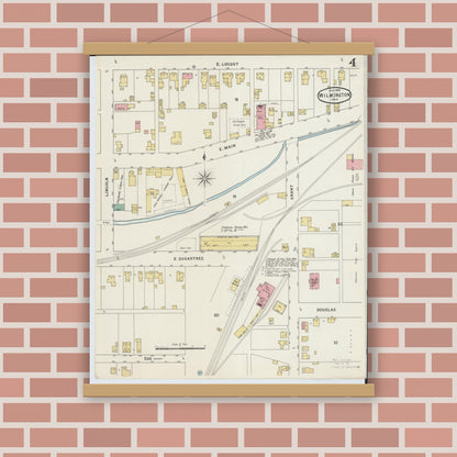 Old map wall art mockup — magnetic wood frame on brick wall — Sanborn Fire Insurance Map from Wilmington, Clinton County, Ohio (1895), Sheet #0004