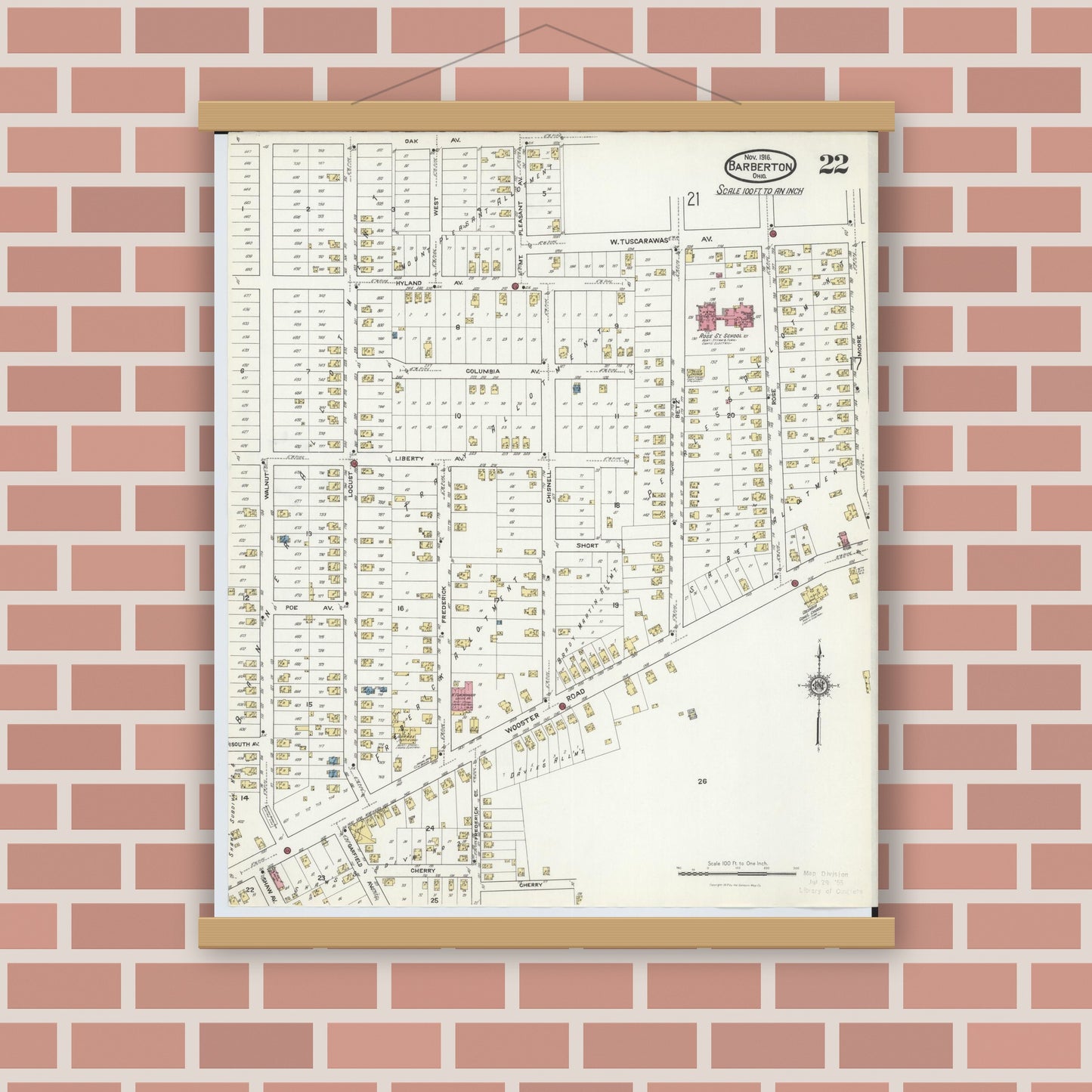 Old map wall art mockup — magnetic wood frame on brick wall — Sanborn Fire Insurance Map from Barberton, Summit County, Ohio (1916), Sheet #0022