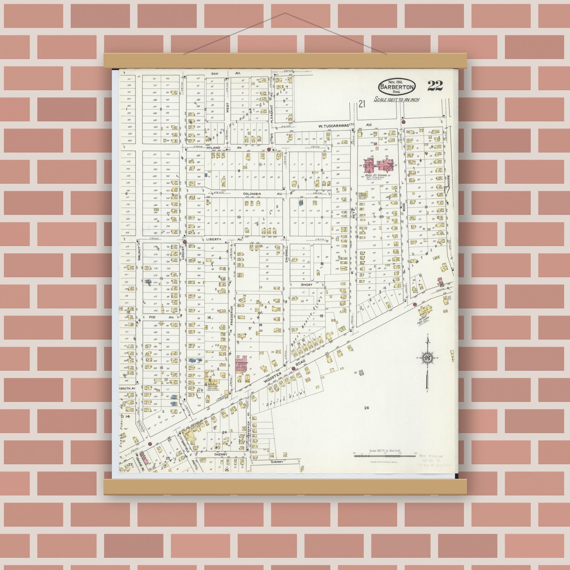 Old map wall art mockup — magnetic wood frame on brick wall — Sanborn Fire Insurance Map from Barberton, Summit County, Ohio (1916), Sheet #0022