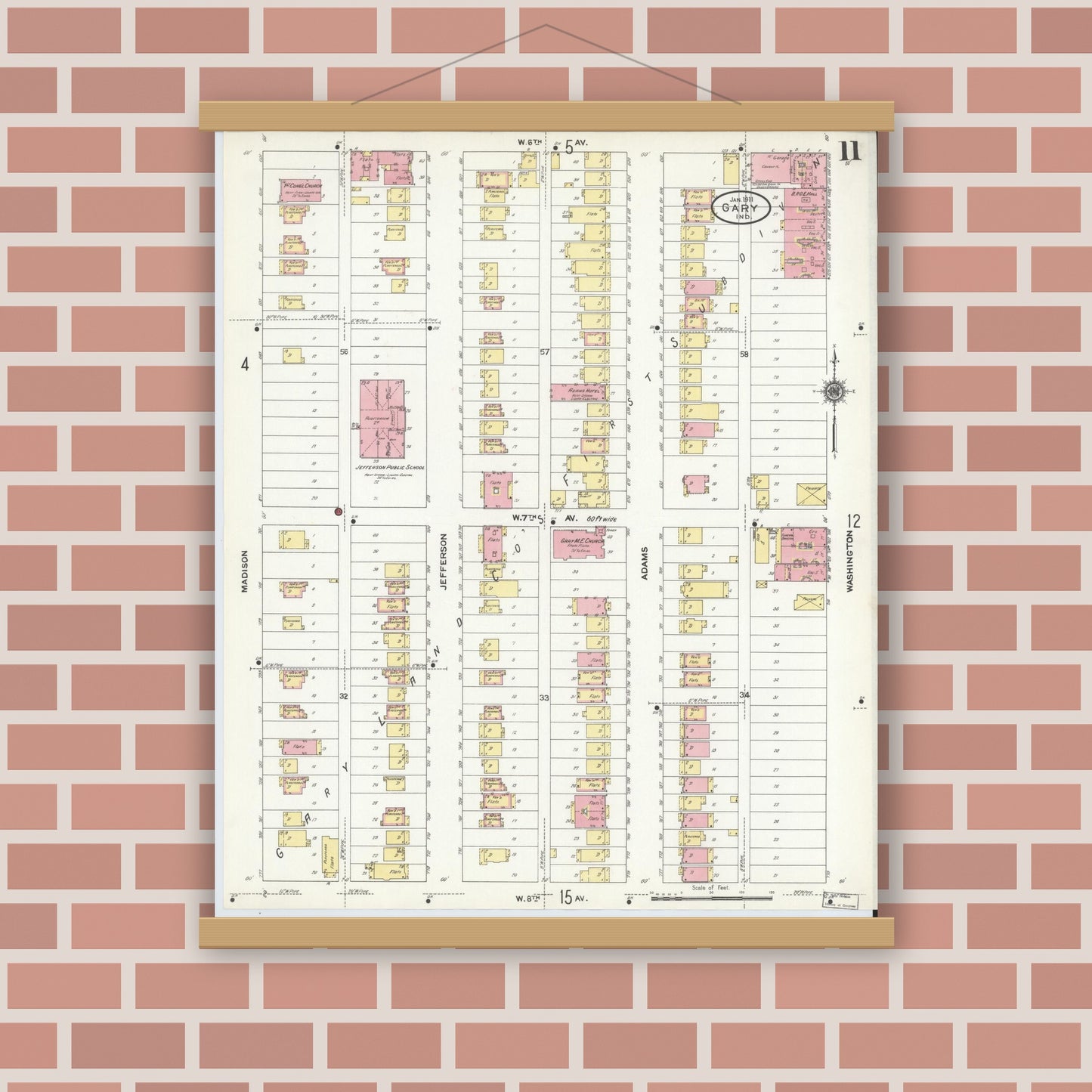 Old map wall art mockup — magnetic wood frame on brick wall — Sanborn Fire Insurance Map from Gary, Lake County, Indiana (1911), Sheet #0011