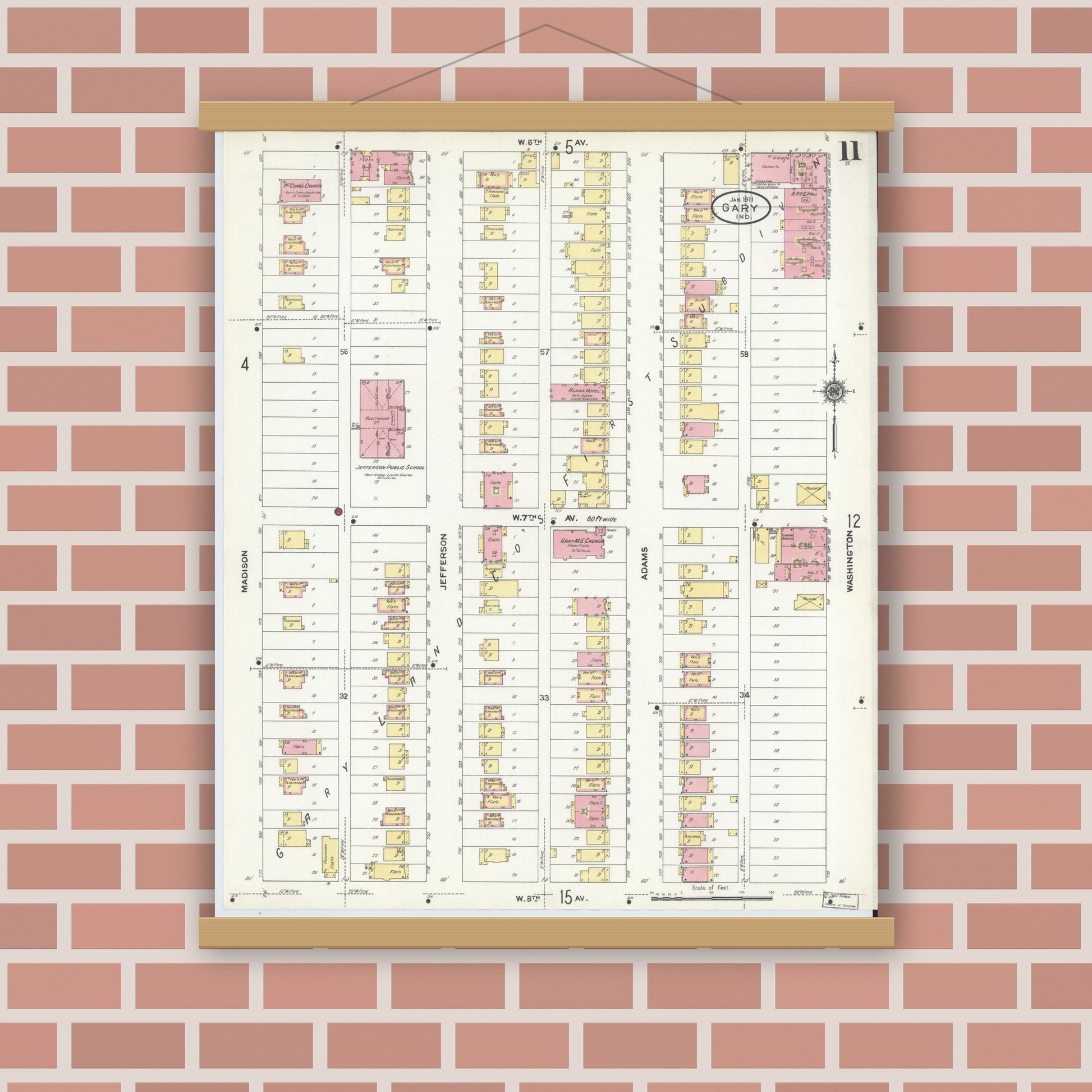 Old map wall art mockup — magnetic wood frame on brick wall — Sanborn Fire Insurance Map from Gary, Lake County, Indiana (1911), Sheet #0011