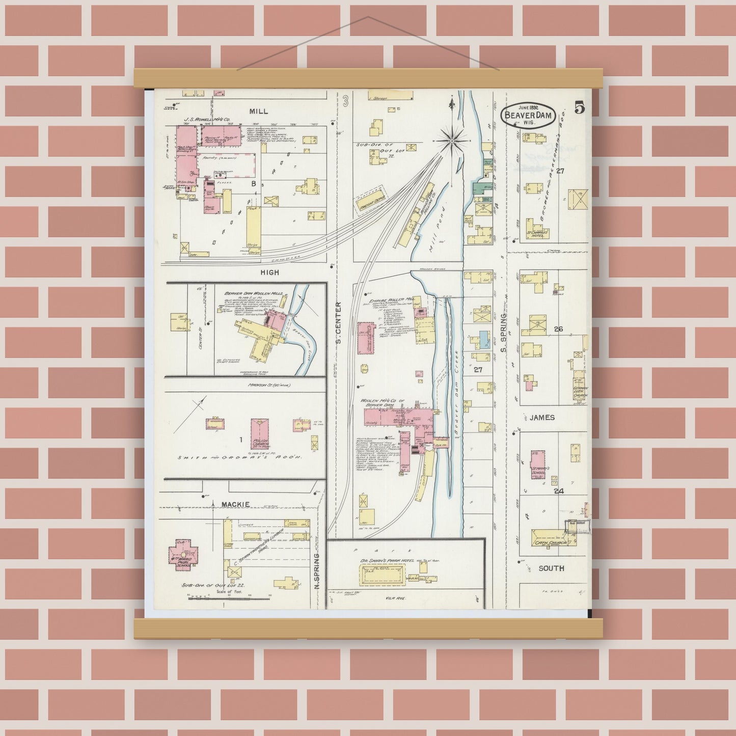 Old map wall art mockup — magnetic wood frame on brick wall — Sanborn Fire Insurance Map from Beaver Dam, Dodge County, Wisconsin (1892), Sheet #0005
