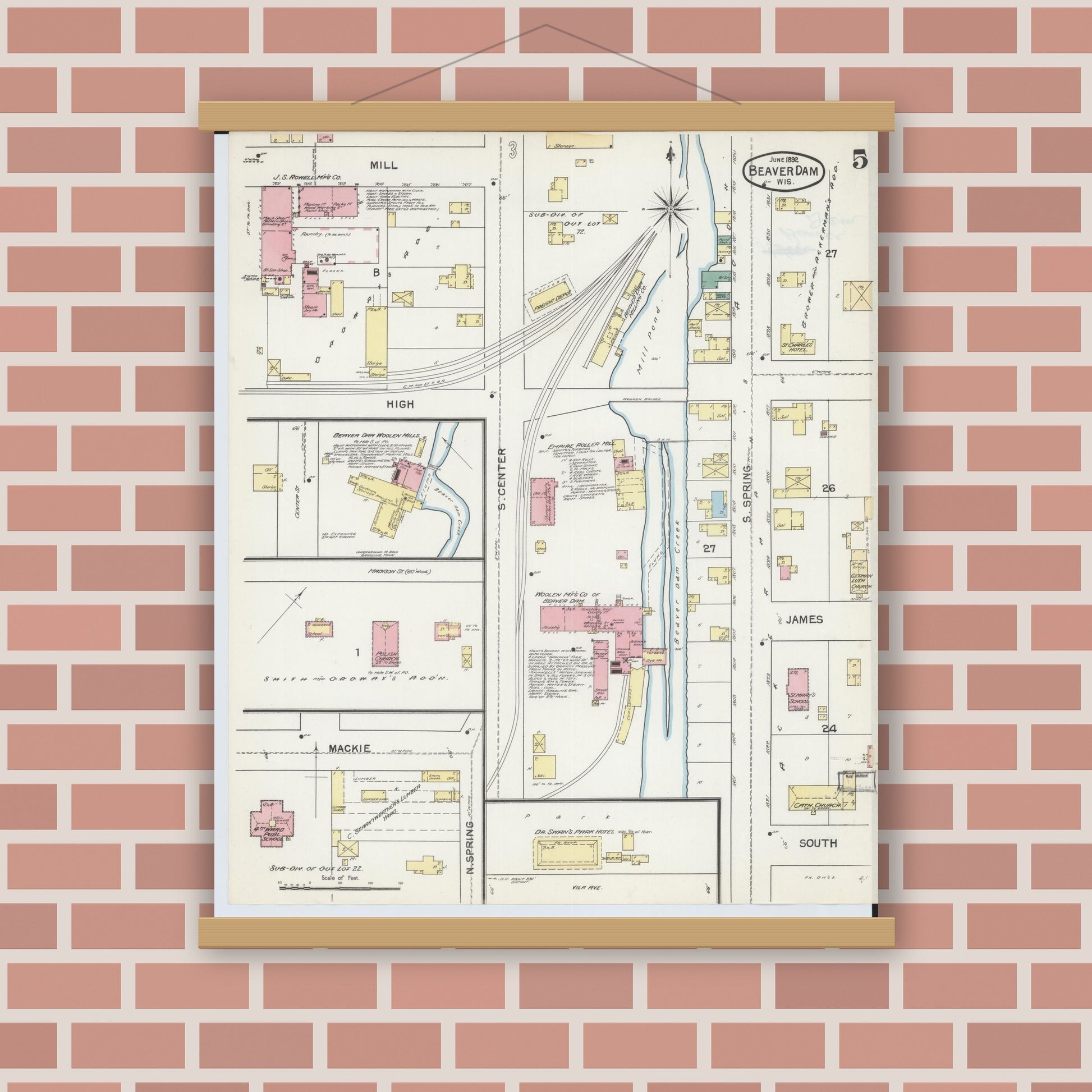 Old map wall art mockup — magnetic wood frame on brick wall — Sanborn Fire Insurance Map from Beaver Dam, Dodge County, Wisconsin (1892), Sheet #0005