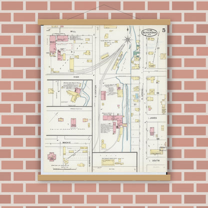 Old map wall art mockup — magnetic wood frame on brick wall — Sanborn Fire Insurance Map from Beaver Dam, Dodge County, Wisconsin (1892), Sheet #0005
