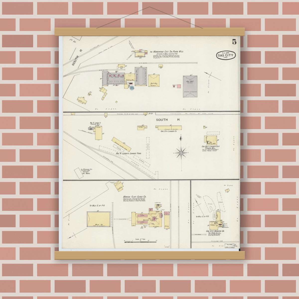 Old map wall art mockup — magnetic wood frame on brick wall — Sanborn Fire Insurance Map from Gas City, Grant County, Indiana (1893), Sheet #0005