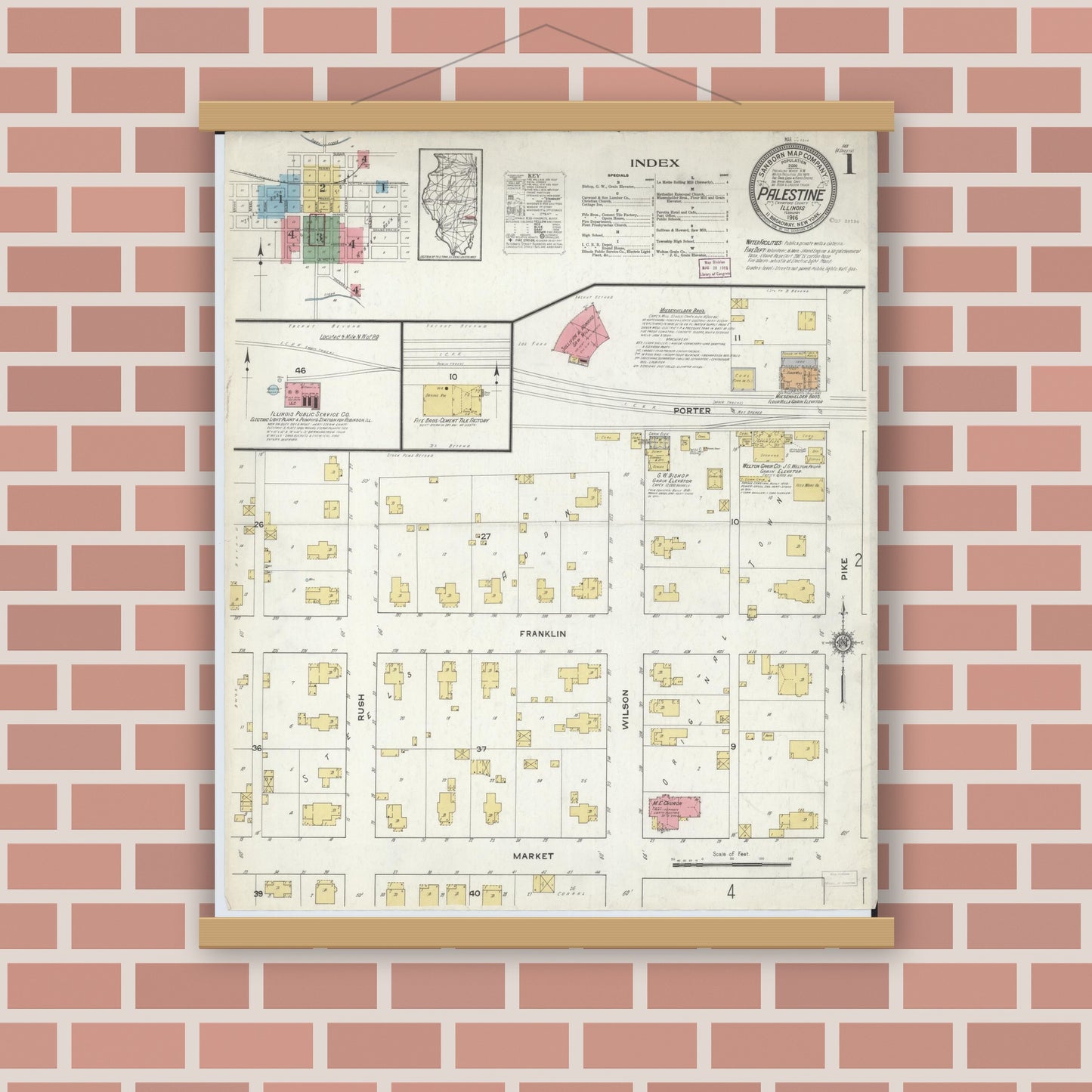 Old map wall art mockup — magnetic wood frame on brick wall — Sanborn Fire Insurance Map from Palestine, Crawford County, Illinois (1916) - Complete Map Set