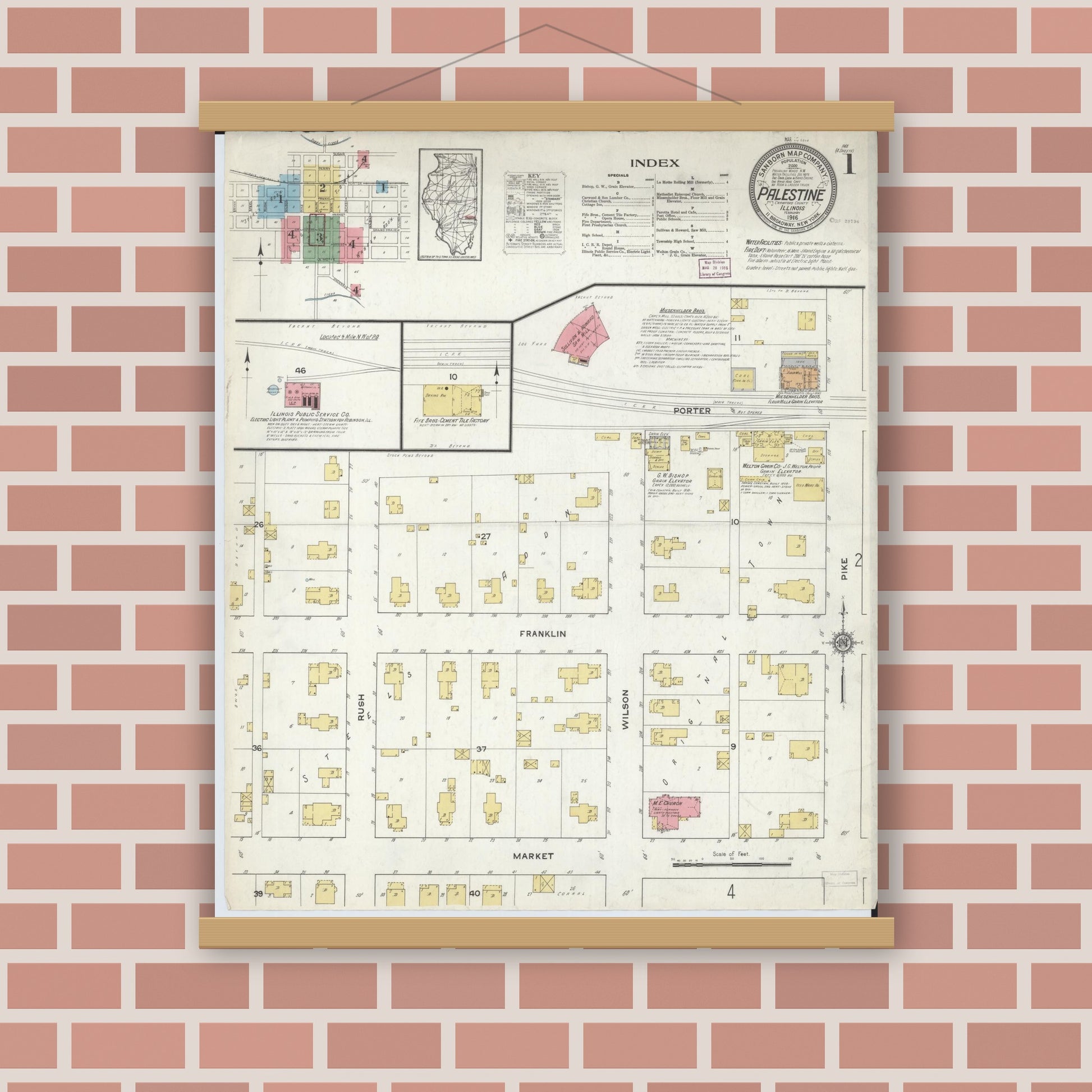 Old map wall art mockup — magnetic wood frame on brick wall — Sanborn Fire Insurance Map from Palestine, Crawford County, Illinois (1916) - Complete Map Set