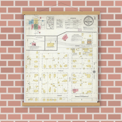 Old map wall art mockup — magnetic wood frame on brick wall — Sanborn Fire Insurance Map from Palestine, Crawford County, Illinois (1916) - Complete Map Set