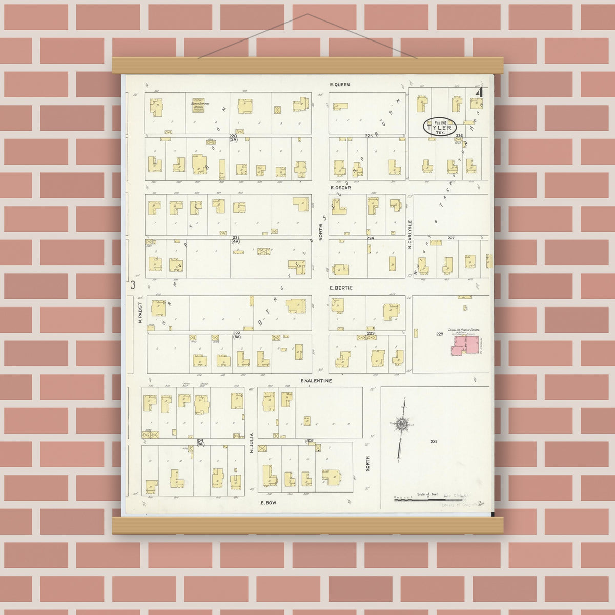Old map wall art mockup — magnetic wood frame on brick wall — Sanborn Fire Insurance Map from Tyler, Smith County, Texas (1912), Sheet #0004
