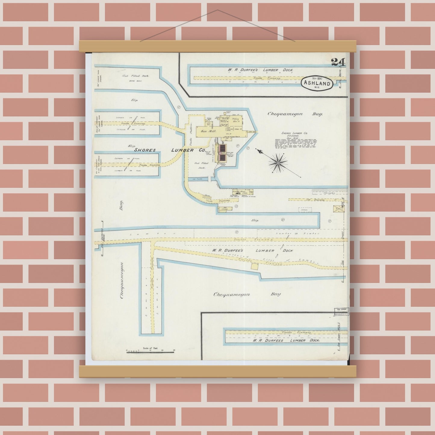 Old map wall art mockup — magnetic wood frame on brick wall — Sanborn Fire Insurance Map from Ashland, Ashland County, Wisconsin (1890), Sheet #0024