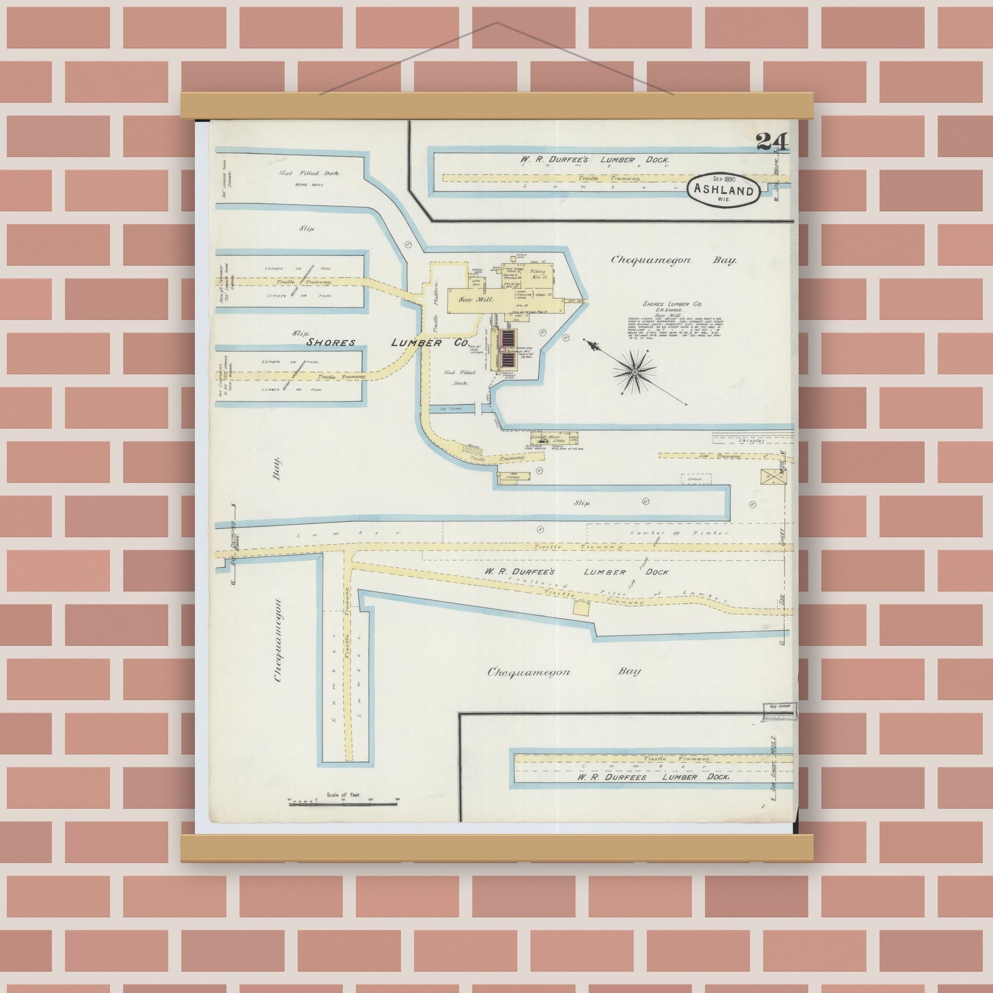 Old map wall art mockup — magnetic wood frame on brick wall — Sanborn Fire Insurance Map from Ashland, Ashland County, Wisconsin (1890), Sheet #0024