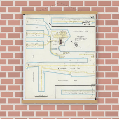 Old map wall art mockup — magnetic wood frame on brick wall — Sanborn Fire Insurance Map from Ashland, Ashland County, Wisconsin (1890), Sheet #0024