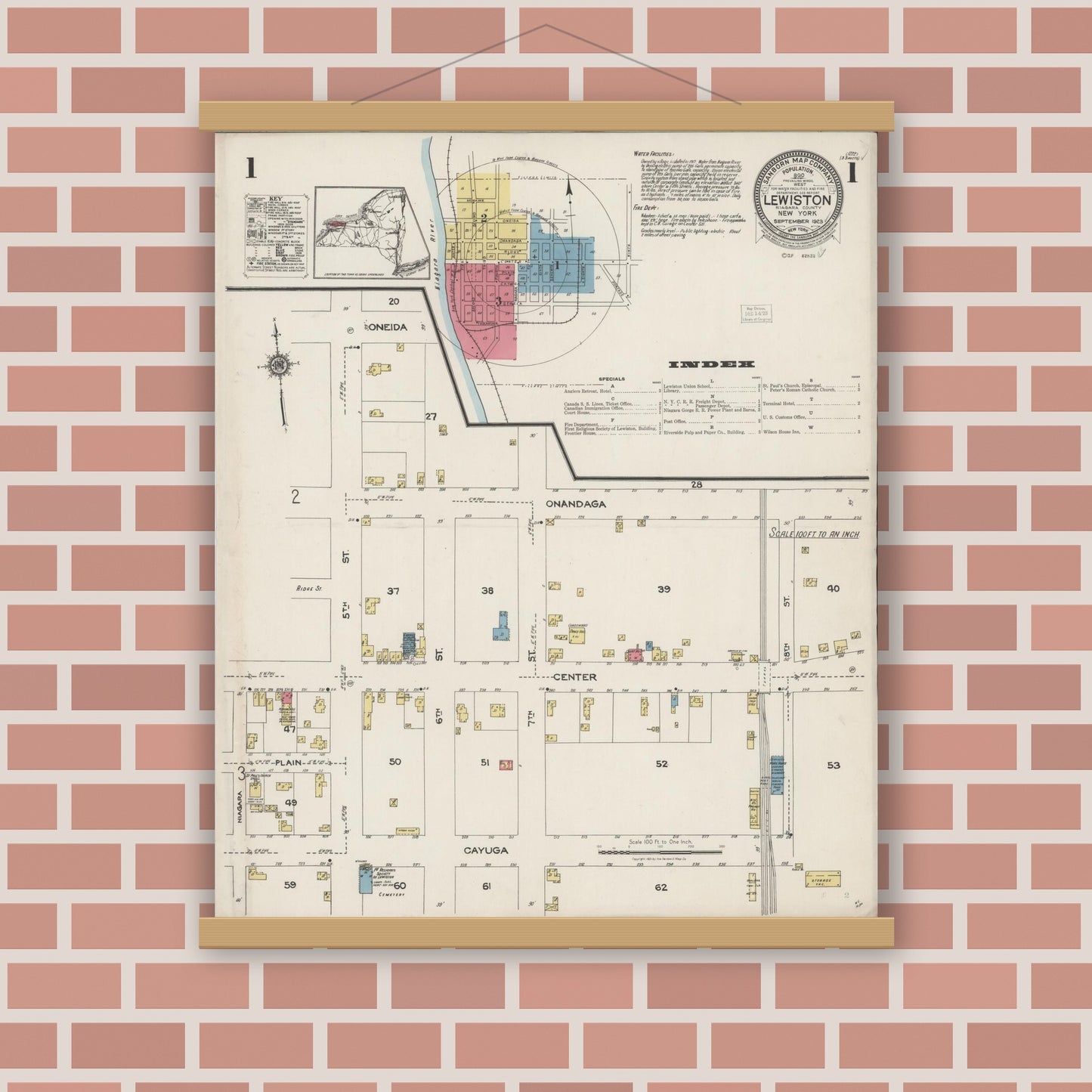 Old map wall art mockup — magnetic wood frame on brick wall — Sanborn Fire Insurance Map from Lewiston, Niagara County, New York (1923), Sheet #0001