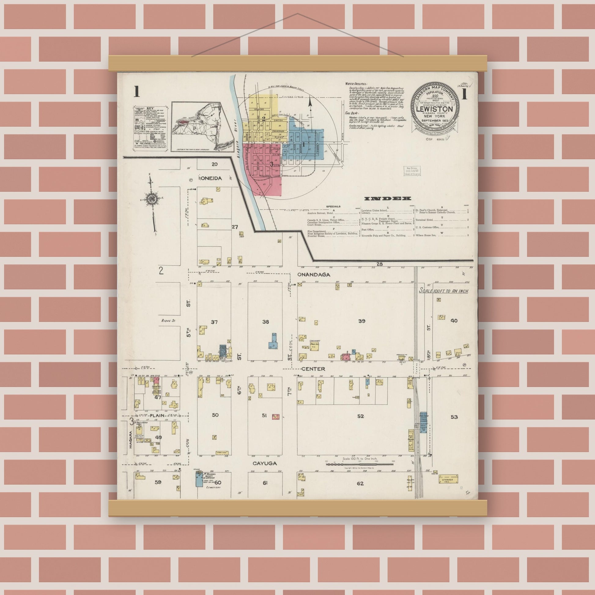 Old map wall art mockup — magnetic wood frame on brick wall — Sanborn Fire Insurance Map from Lewiston, Niagara County, New York (1923), Sheet #0001