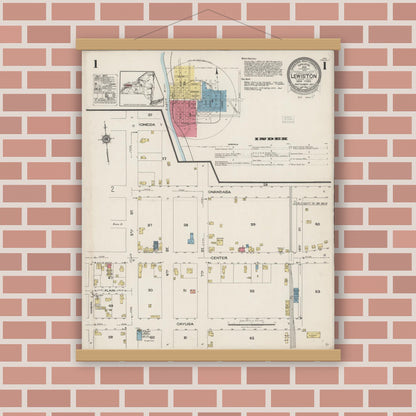 Old map wall art mockup — magnetic wood frame on brick wall — Sanborn Fire Insurance Map from Lewiston, Niagara County, New York (1923), Sheet #0001
