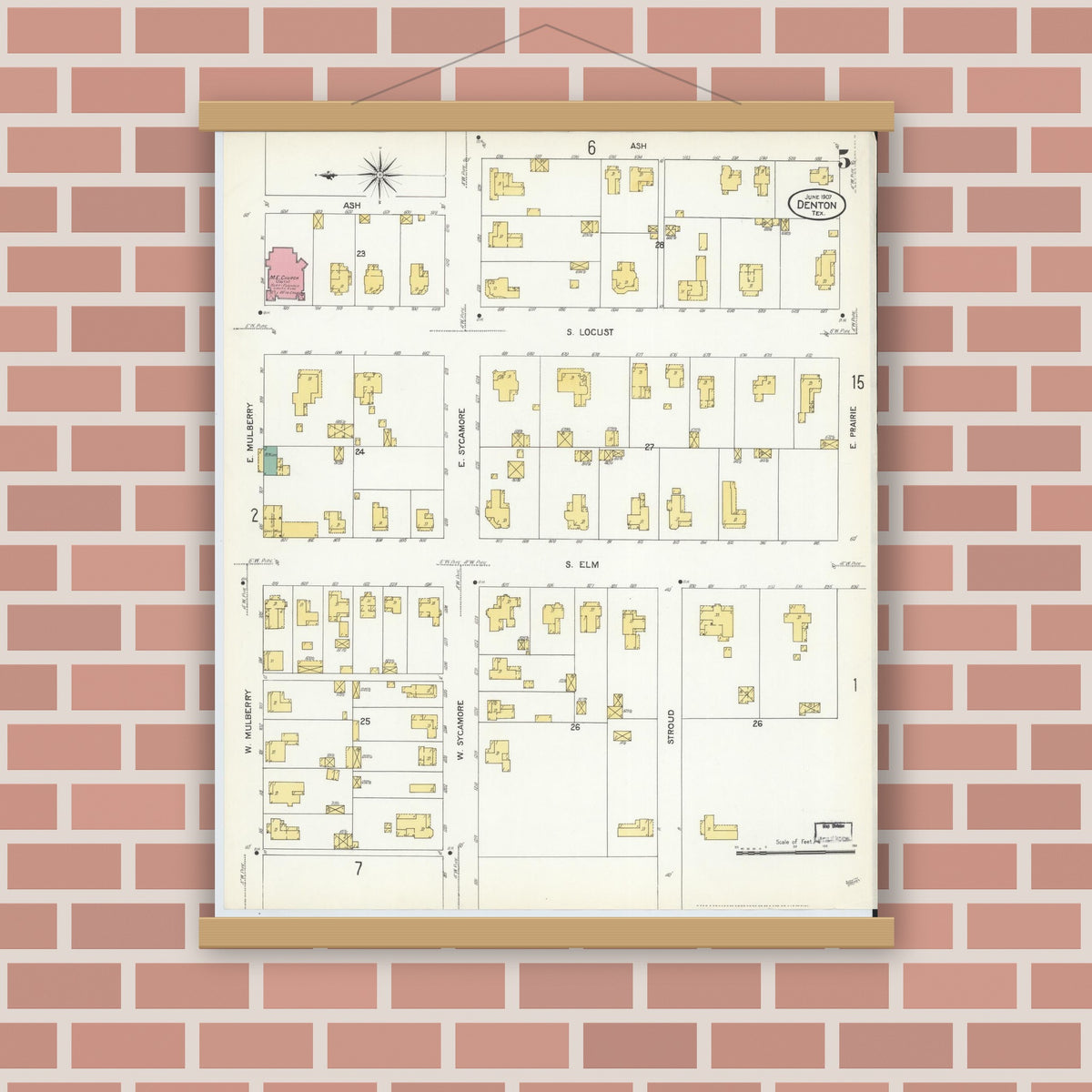 Old map wall art mockup — magnetic wood frame on brick wall — Sanborn Fire Insurance Map from Denton, Denton County, Texas (1907), Sheet #0005