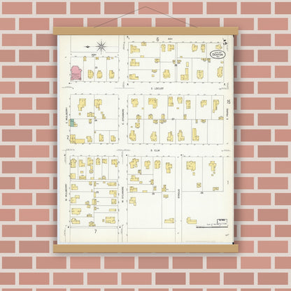 Old map wall art mockup — magnetic wood frame on brick wall — Sanborn Fire Insurance Map from Denton, Denton County, Texas (1907), Sheet #0005
