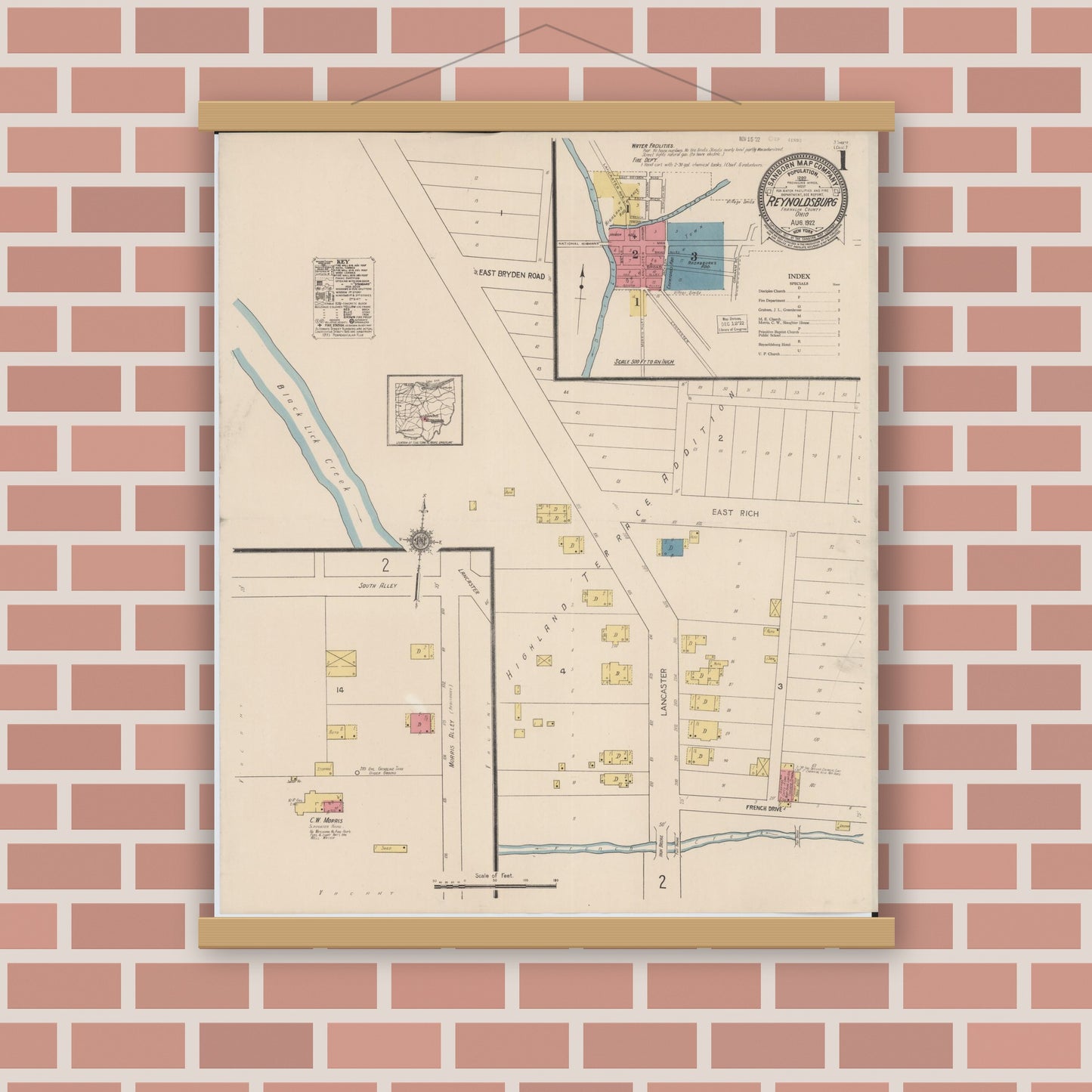 Old map wall art mockup — magnetic wood frame on brick wall — Sanborn Fire Insurance Map from Reynoldsburg, Franklin County, Ohio (1922), Sheet #0001