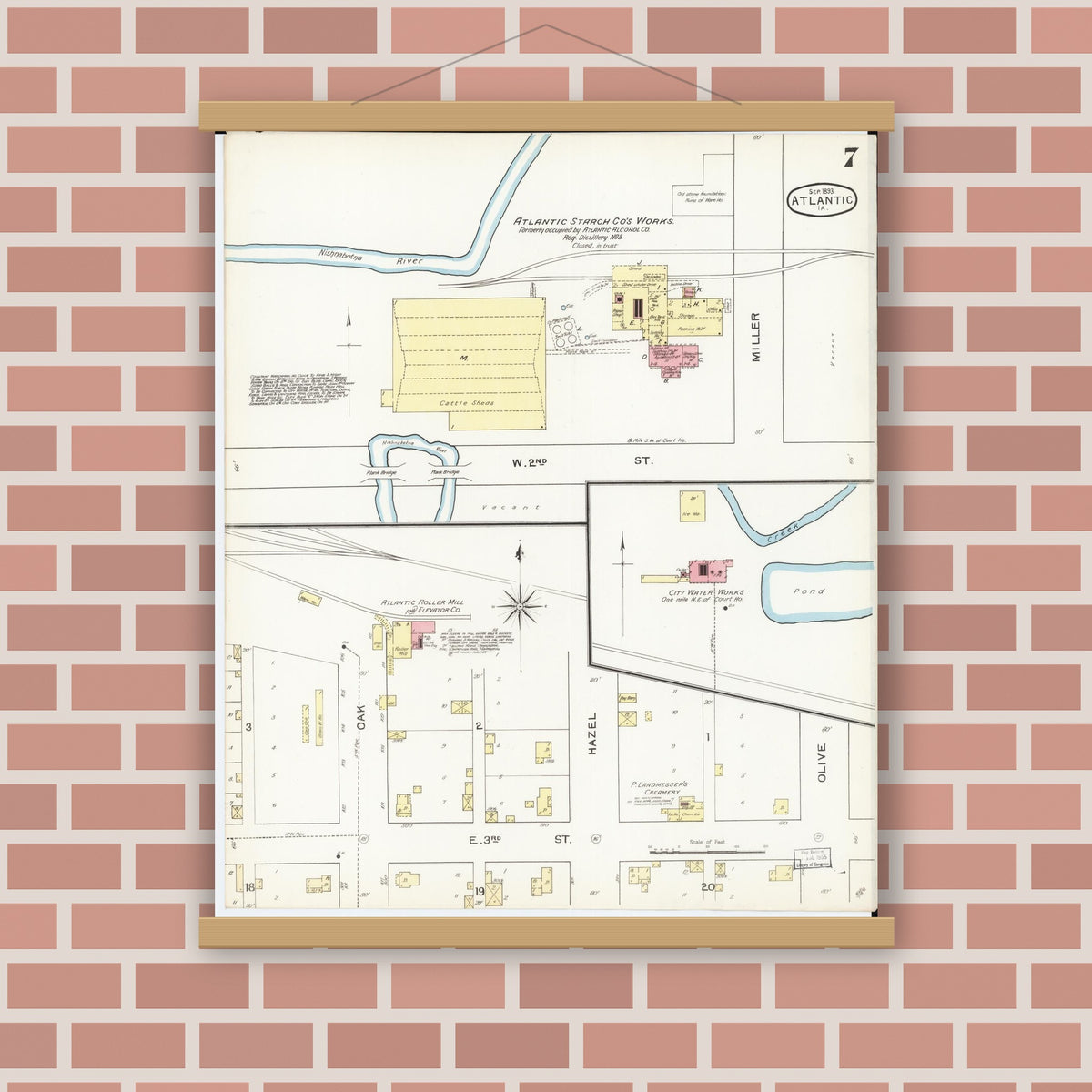 Old map wall art mockup — magnetic wood frame on brick wall — Sanborn Fire Insurance Map from Atlantic, Cass County, Iowa (1893), Sheet #0007