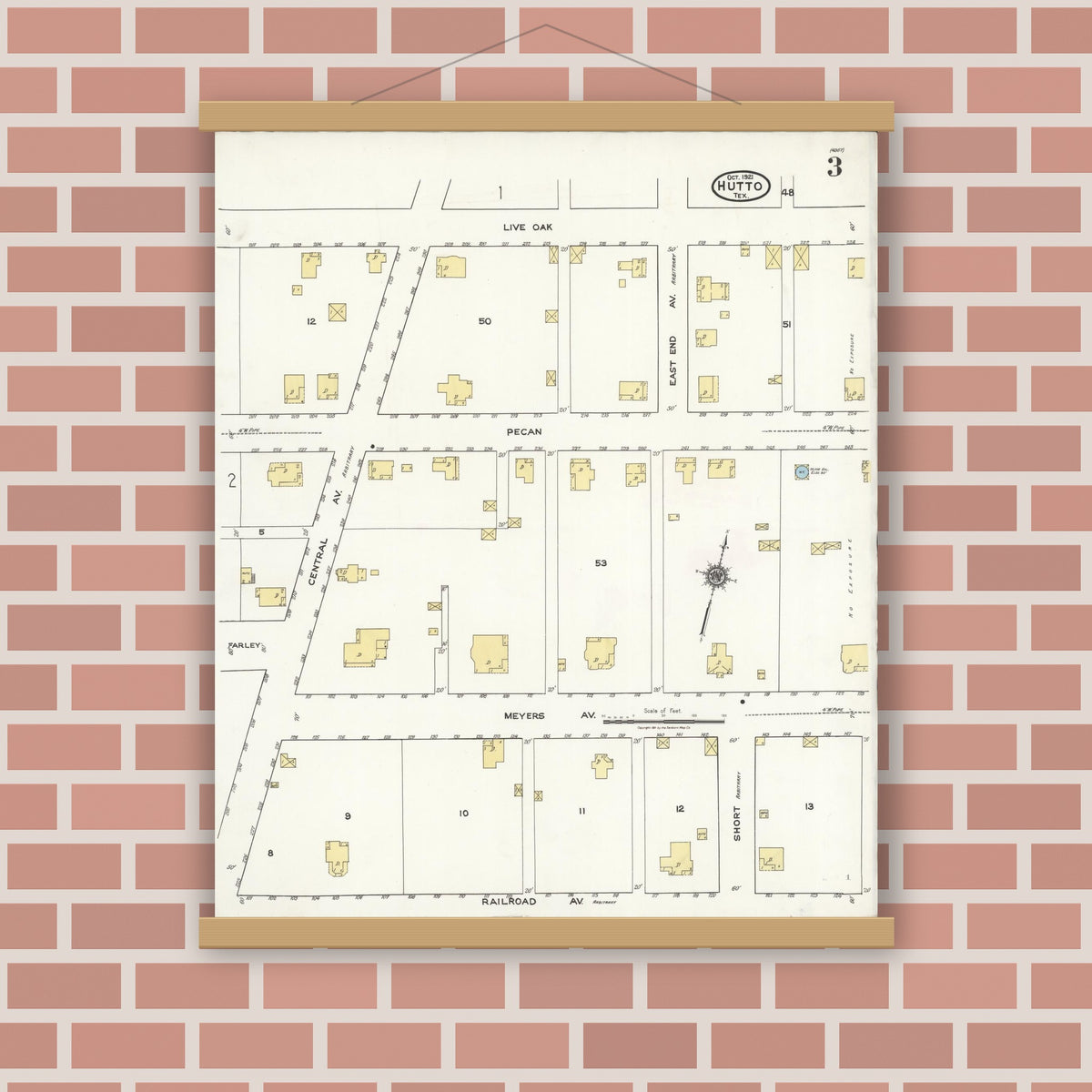 Old map wall art mockup — magnetic wood frame on brick wall — Sanborn Fire Insurance Map from Hutto, Williamson County, Texas (1921), Sheet #0003