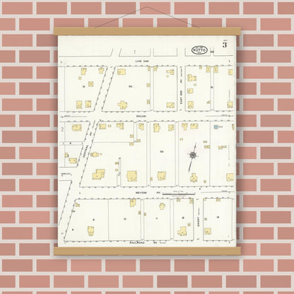 Old map wall art mockup — magnetic wood frame on brick wall — Sanborn Fire Insurance Map from Hutto, Williamson County, Texas (1921), Sheet #0003
