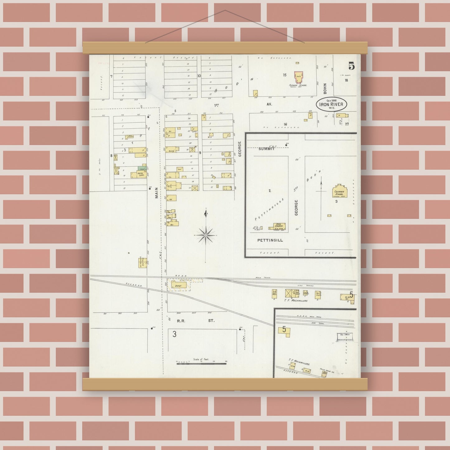 Old map wall art mockup — magnetic wood frame on brick wall — Sanborn Fire Insurance Map from Iron River, Bayfield County, Wisconsin (1898), Sheet #0005