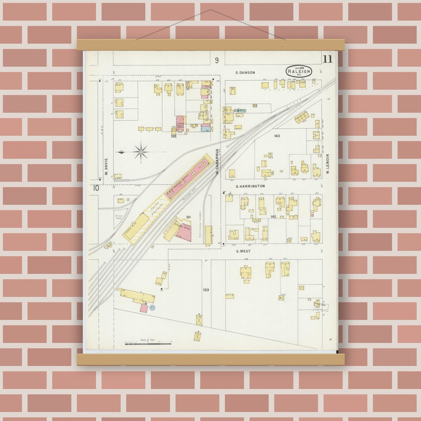Old map wall art mockup — magnetic wood frame on brick wall — Sanborn Fire Insurance Map from Raleigh, Wake County, North Carolina (1896), Sheet #0011