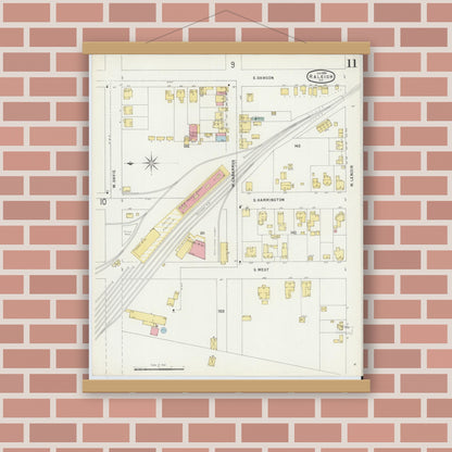Old map wall art mockup — magnetic wood frame on brick wall — Sanborn Fire Insurance Map from Raleigh, Wake County, North Carolina (1896), Sheet #0011