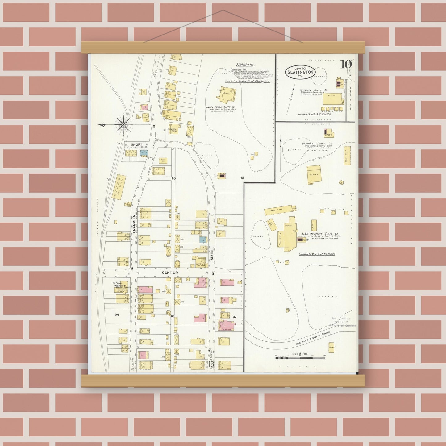 Old map wall art mockup — magnetic wood frame on brick wall — Sanborn Fire Insurance Map from Slatington, Lehigh County, Pennsylvania (1908), Sheet #0010