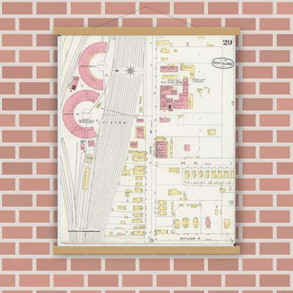 Old map wall art mockup — magnetic wood frame on brick wall — Sanborn Fire Insurance Map from Rock Island, Rock Island County, Illinois (1898), Sheet #0029