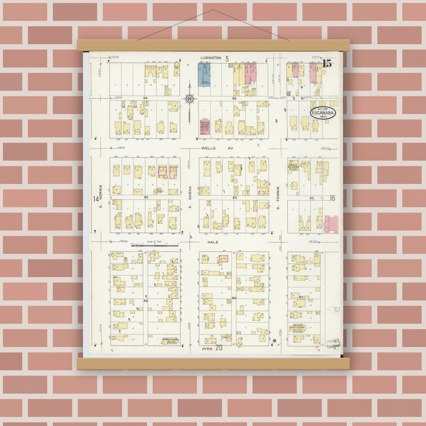 Old map wall art mockup — magnetic wood frame on brick wall — Sanborn Fire Insurance Map from Escanaba, Delta County, Michigan (1913), Sheet #0015