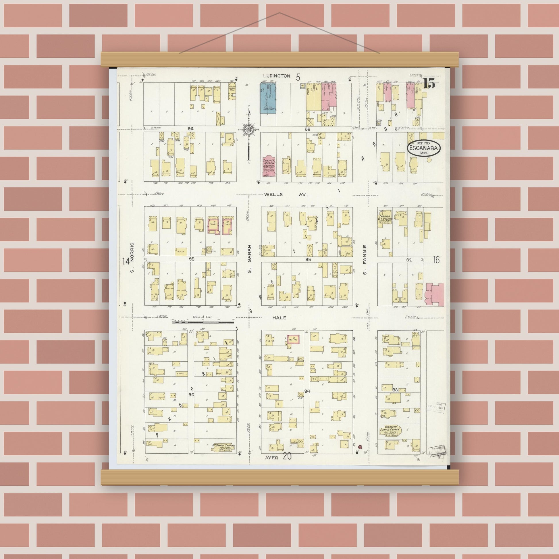 Old map wall art mockup — magnetic wood frame on brick wall — Sanborn Fire Insurance Map from Escanaba, Delta County, Michigan (1913), Sheet #0015