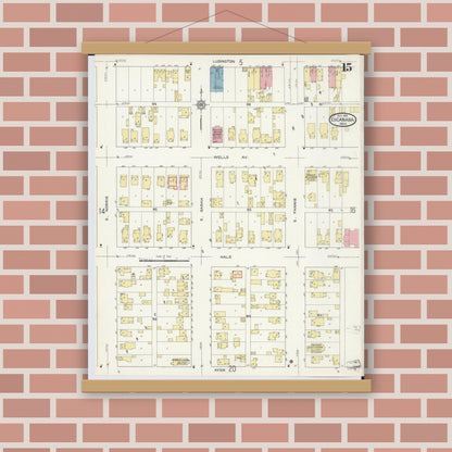 Old map wall art mockup — magnetic wood frame on brick wall — Sanborn Fire Insurance Map from Escanaba, Delta County, Michigan (1913), Sheet #0015