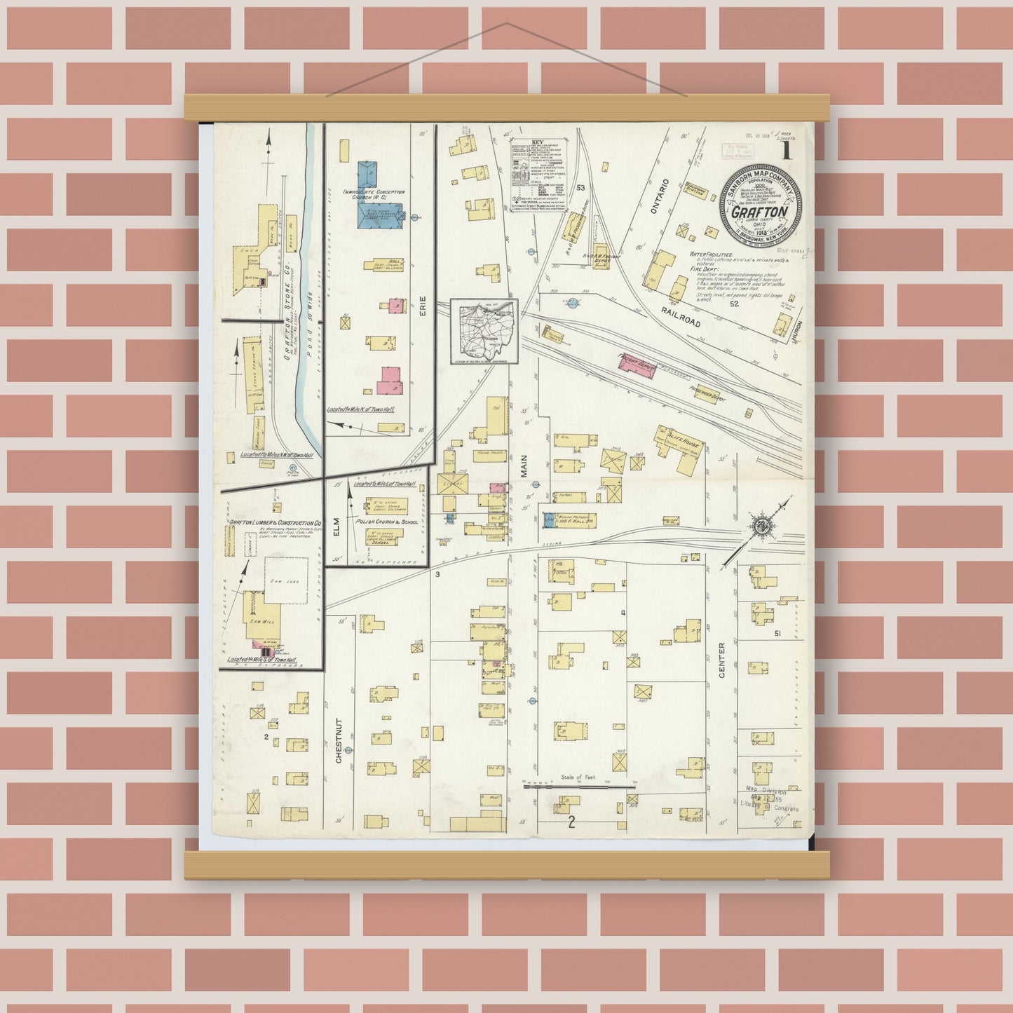 Old map wall art mockup — magnetic wood frame on brick wall — Sanborn Fire Insurance Map from Grafton, Lorain County, Ohio (1913) - Complete Map Set